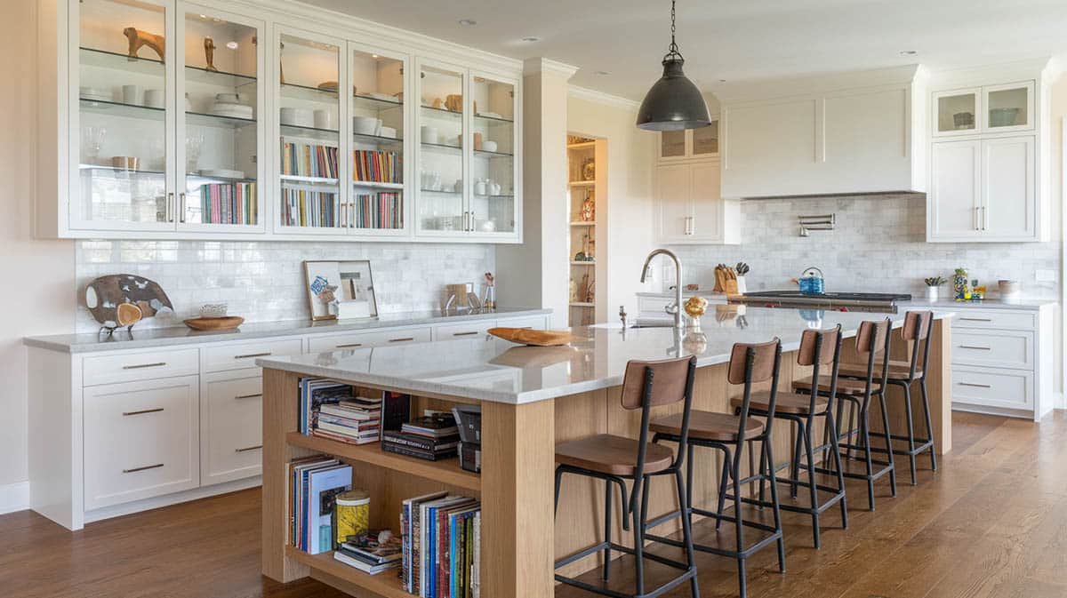 Stylish kitchen with cabinets that have cookbooks and decorative containers