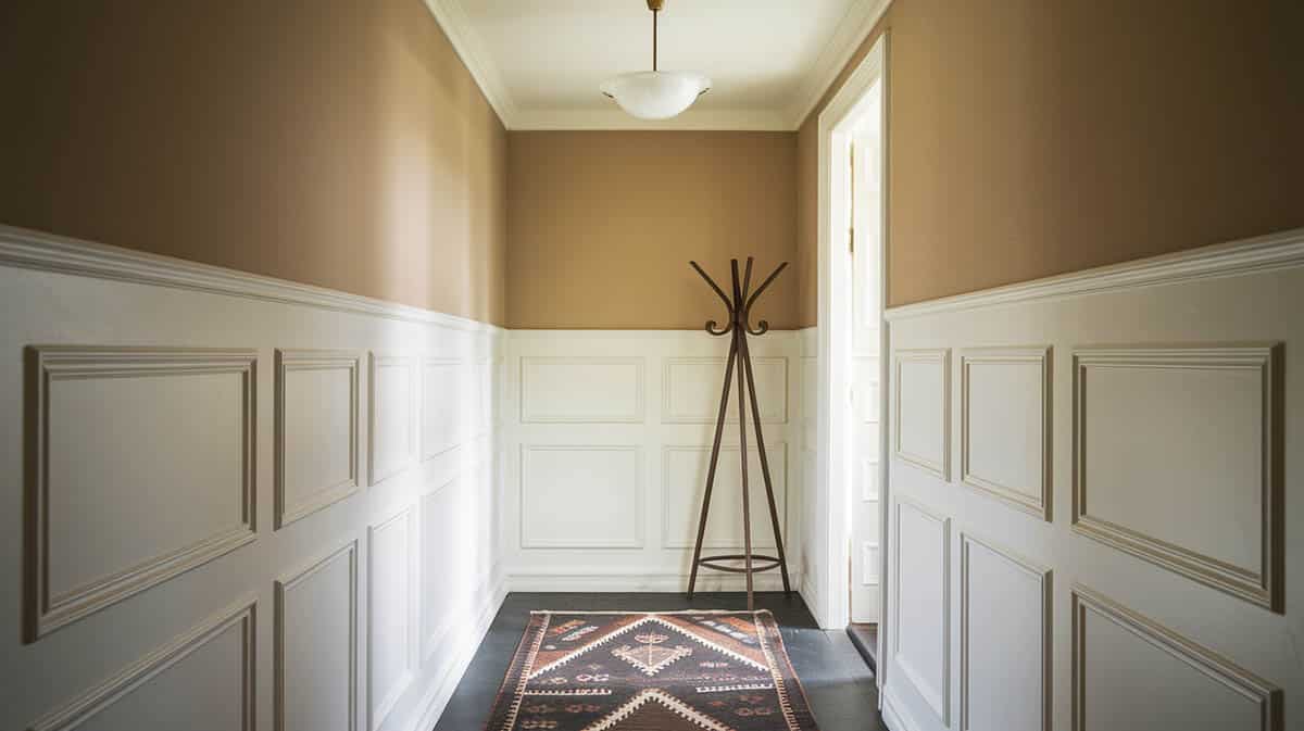 Hallway with white wainscoting and tan painted walls