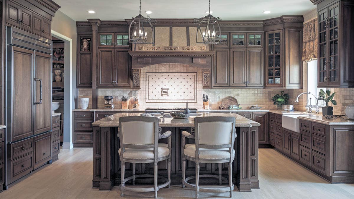 Traditional kitchen with central island with rustic bar stools, raised panel cabinets in a dark stain finish