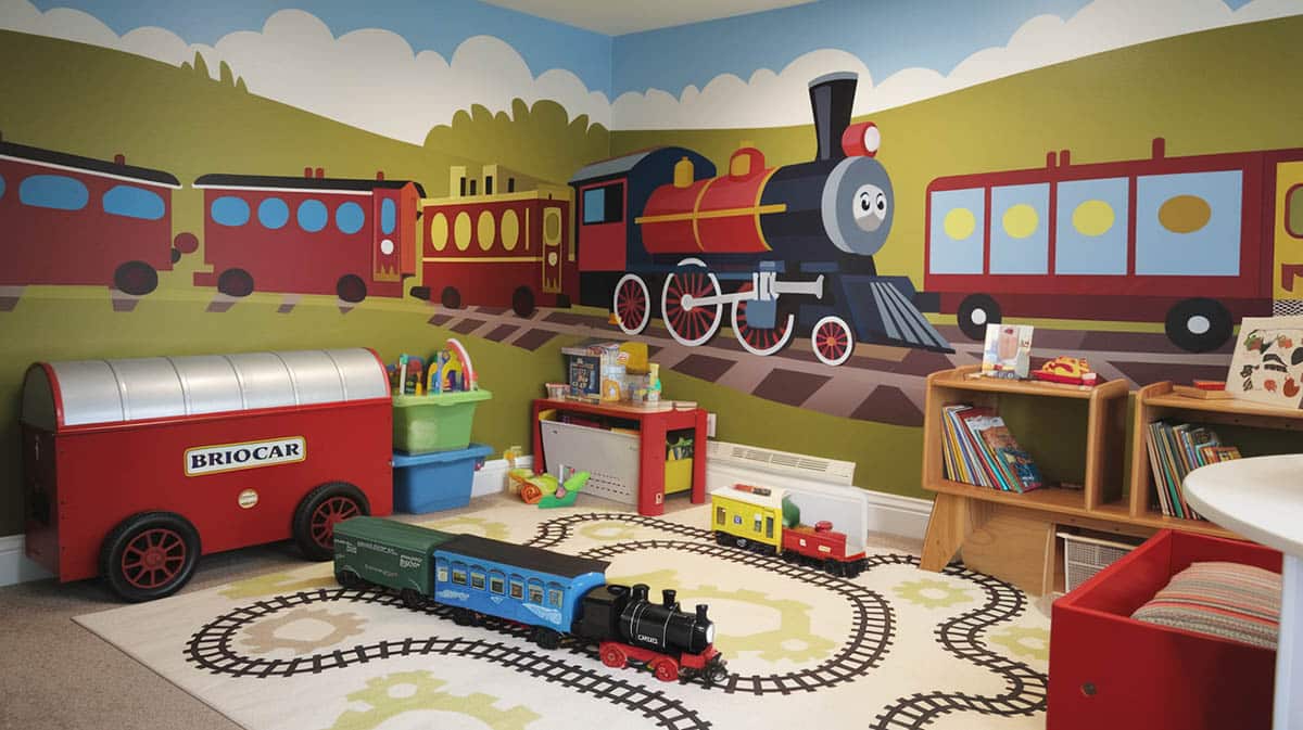 Train theme kids mural with train mural and track rug