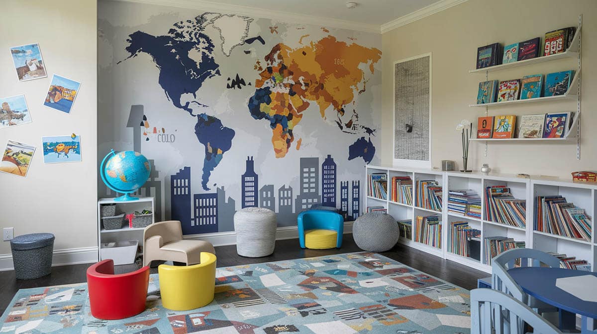 Travel around the world playroom with map globe and postcard