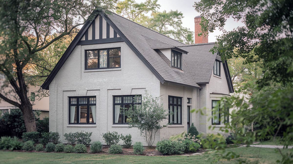 Tudor revival bungalow with light gray stucco exterior and black trim