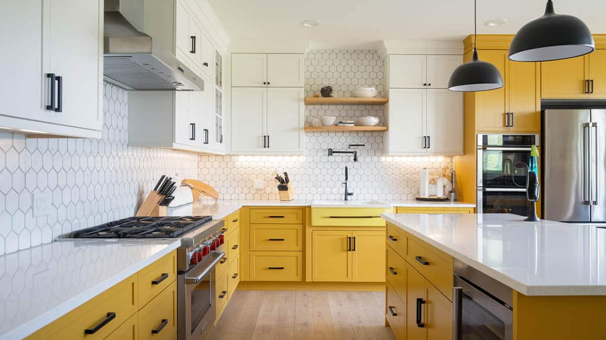 Large kitchen with white on the upper and yellow on the lower cabinets with hexagonal backsplash