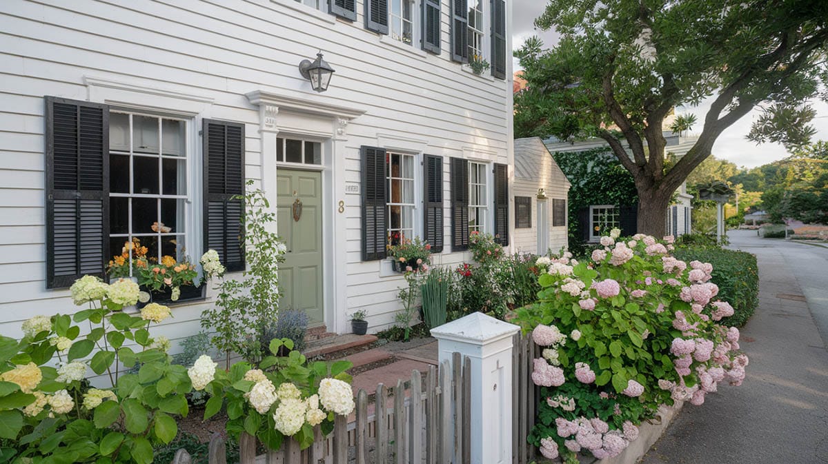 Welcoming colonial style cottage with white paint and black shutters