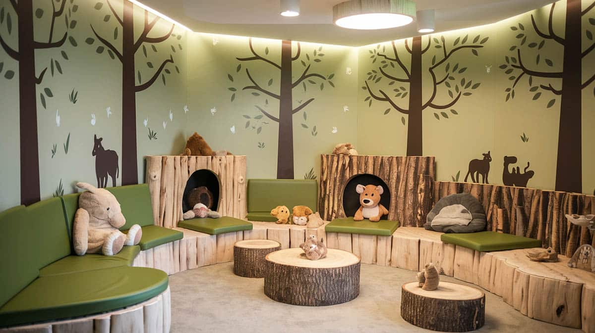 Woodland wonderland theme forest animal playroom with tree decals