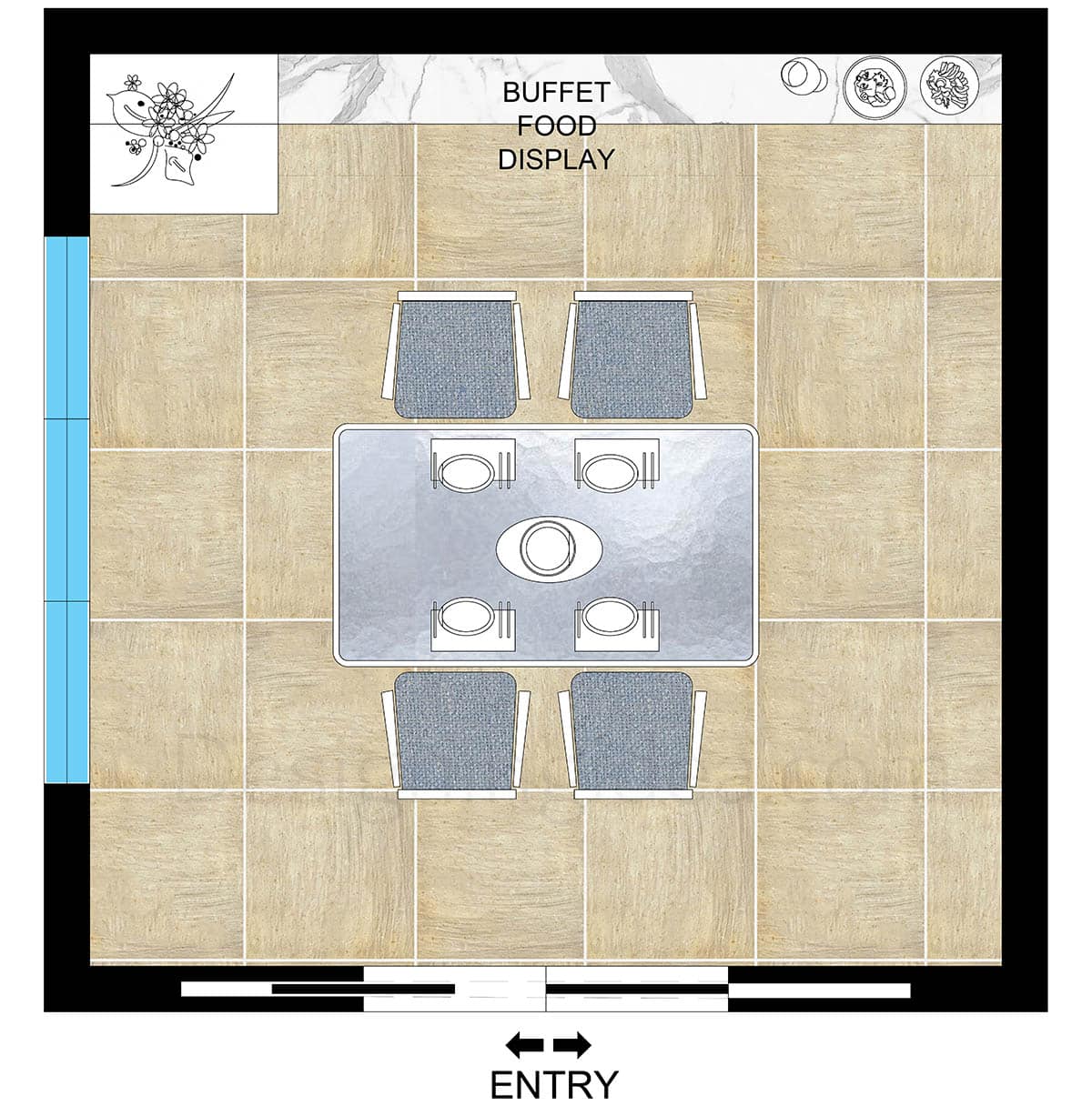 10x10 dining space with room for up to six