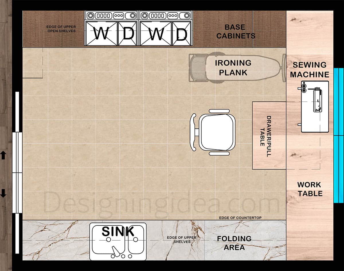 12x15 hobby friendly laundry plan with sewing and ironing area