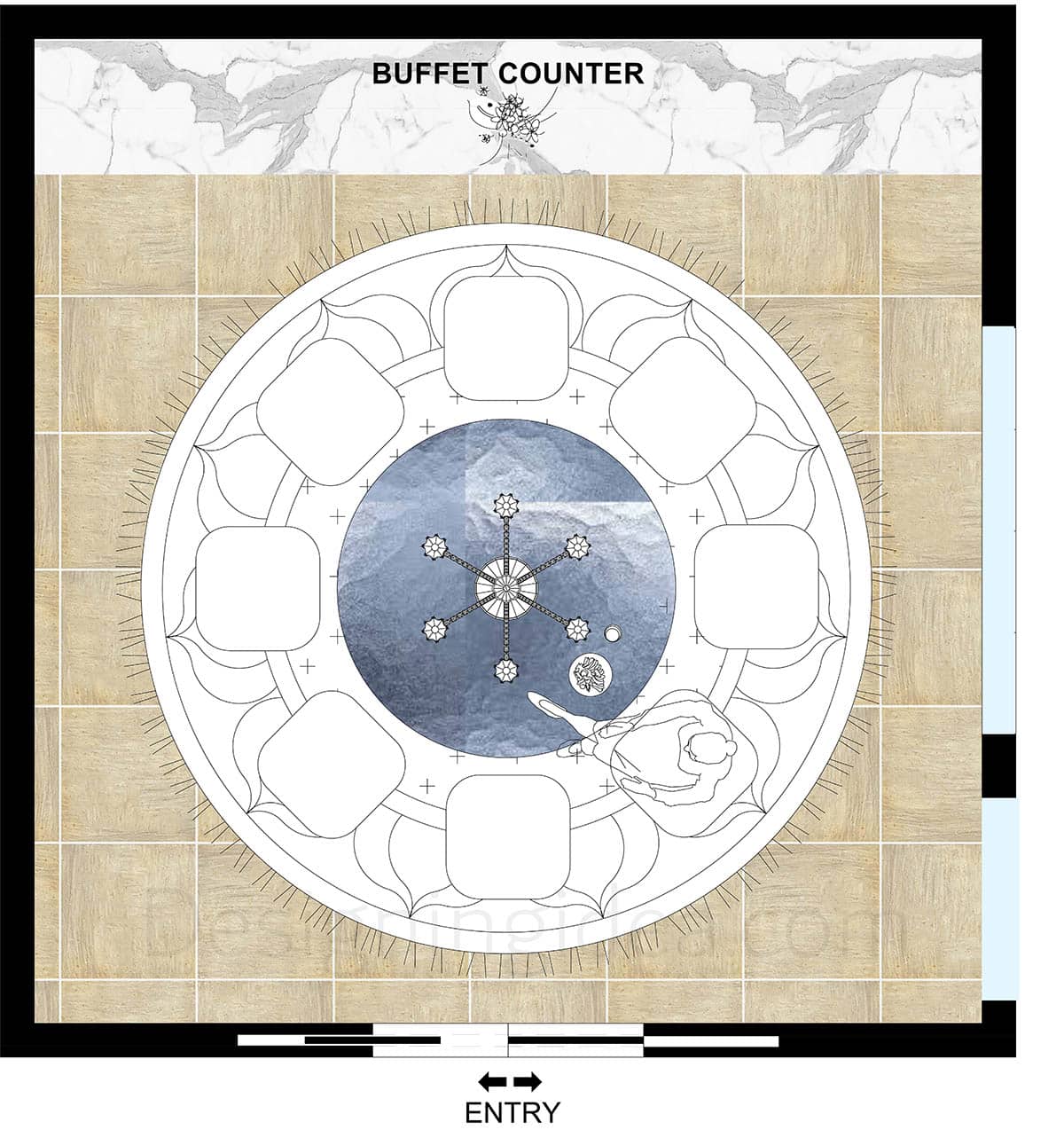 14x14 dining setup with large circular table