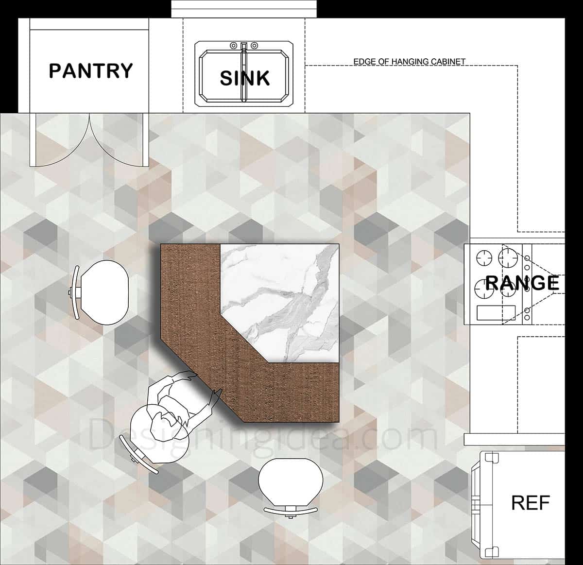 15x15 kitchen with geometric shape island