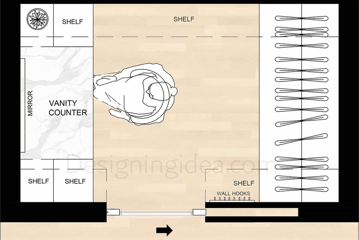 5x8 closet with a compact dressing area design