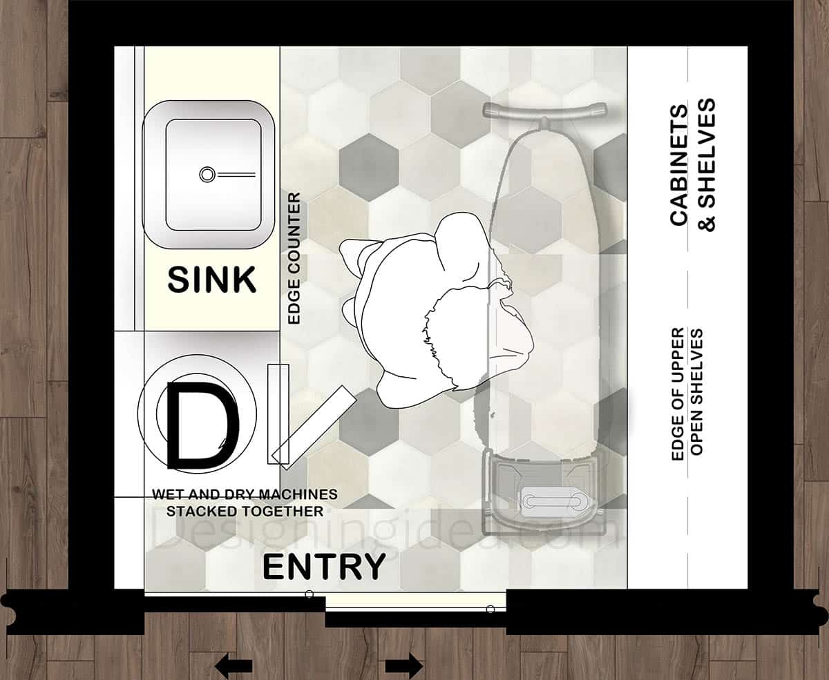 6x7 laundry floor plan with galley design, stacked appliances and cabinets and sink