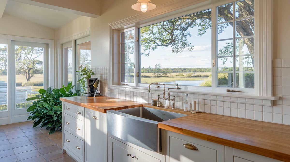 Beautiful kitchen with large window looking out at river views