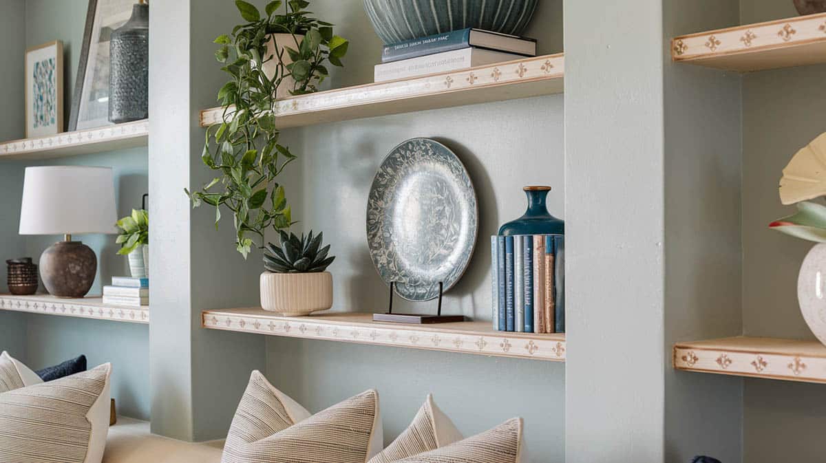 Close up look at shelving with decor sorted items