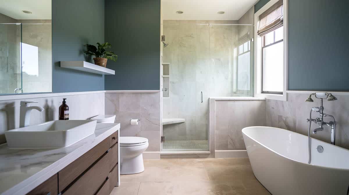 Contemporary bathroom with medium toned gray walls and white marble countertops