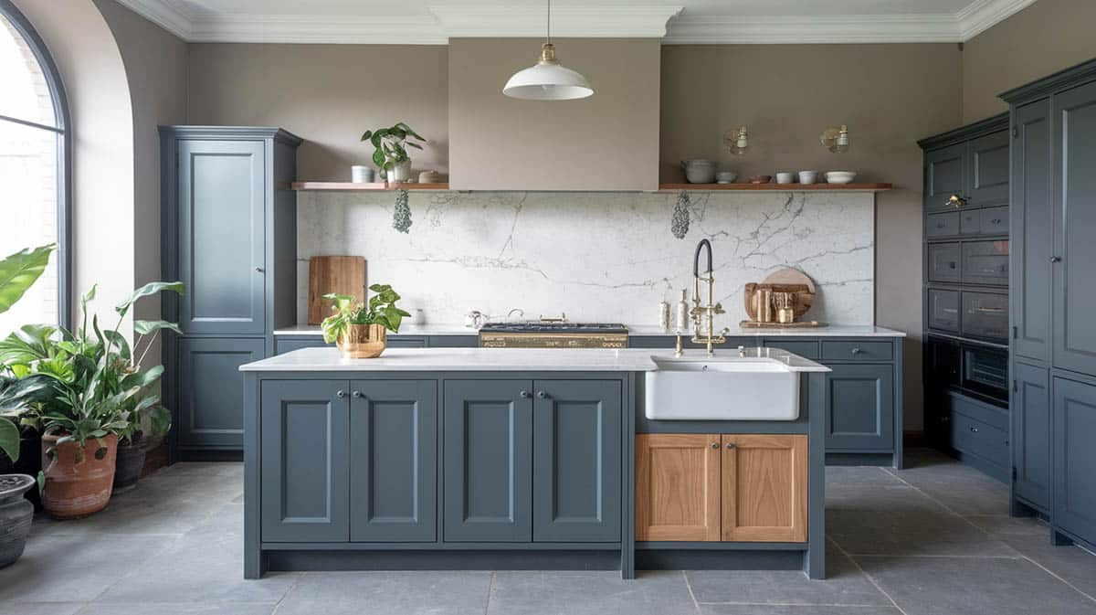 Contemporary kitchen with greige walls and cabinets in dark-toned gray