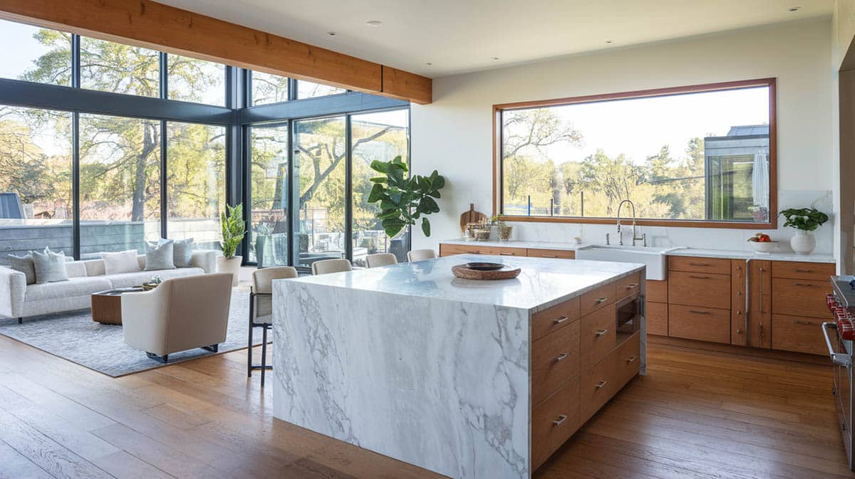 Contemporary kitchen with quartz island and large picture window above sink