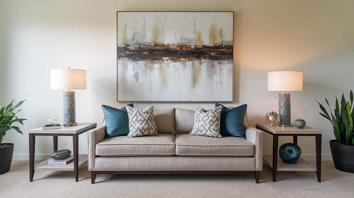 Contemporary living room with sofa and two interior decorated end tables