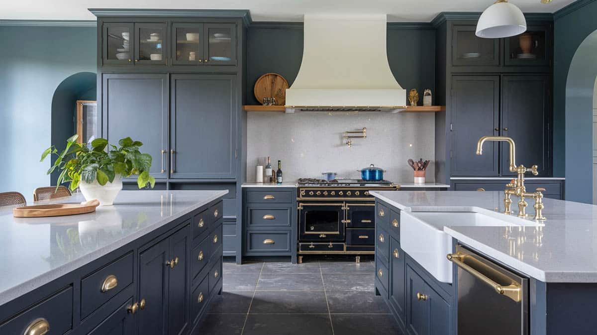 Contemporary style kitchen with dusty-blue for walls and charcoal tint cabinets