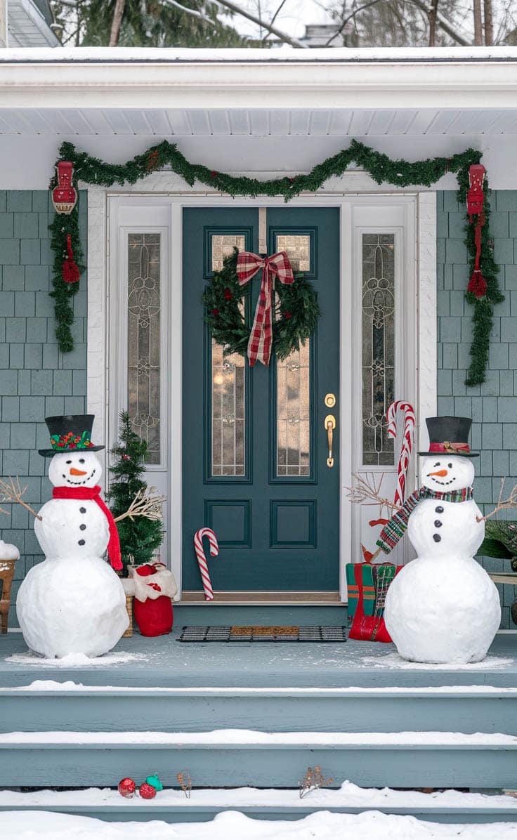 Front porch with christmas theme snowman on either side with flocking stars and tinsel 