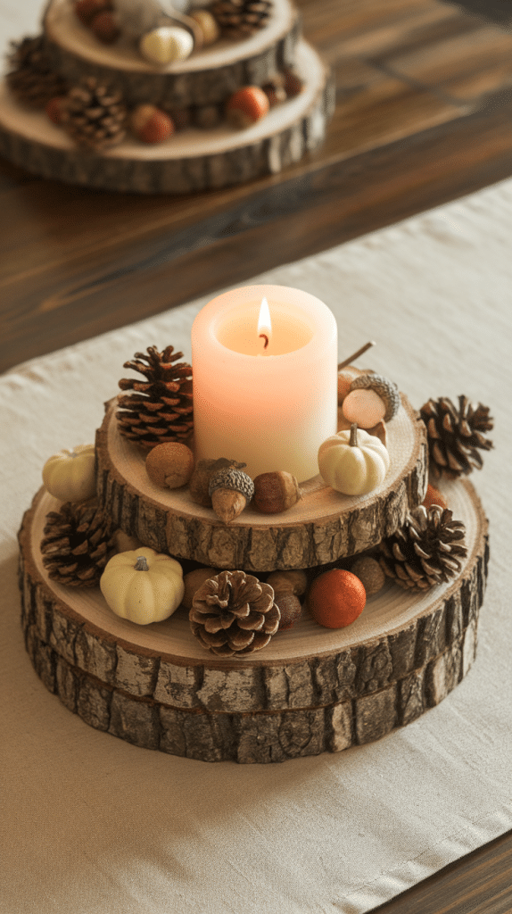 Wood slice display on table runner