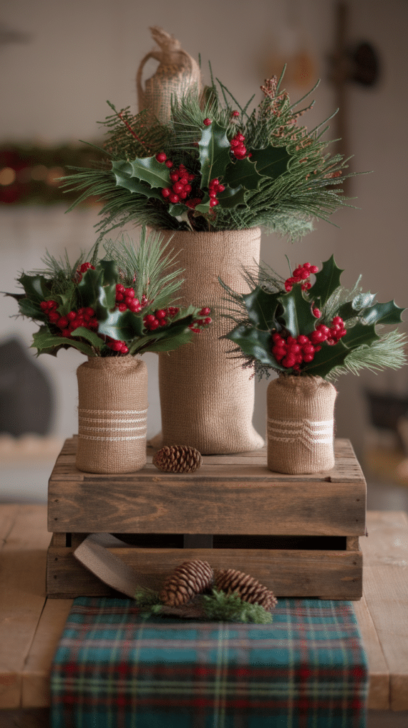 Plaid and burlap centerpiece