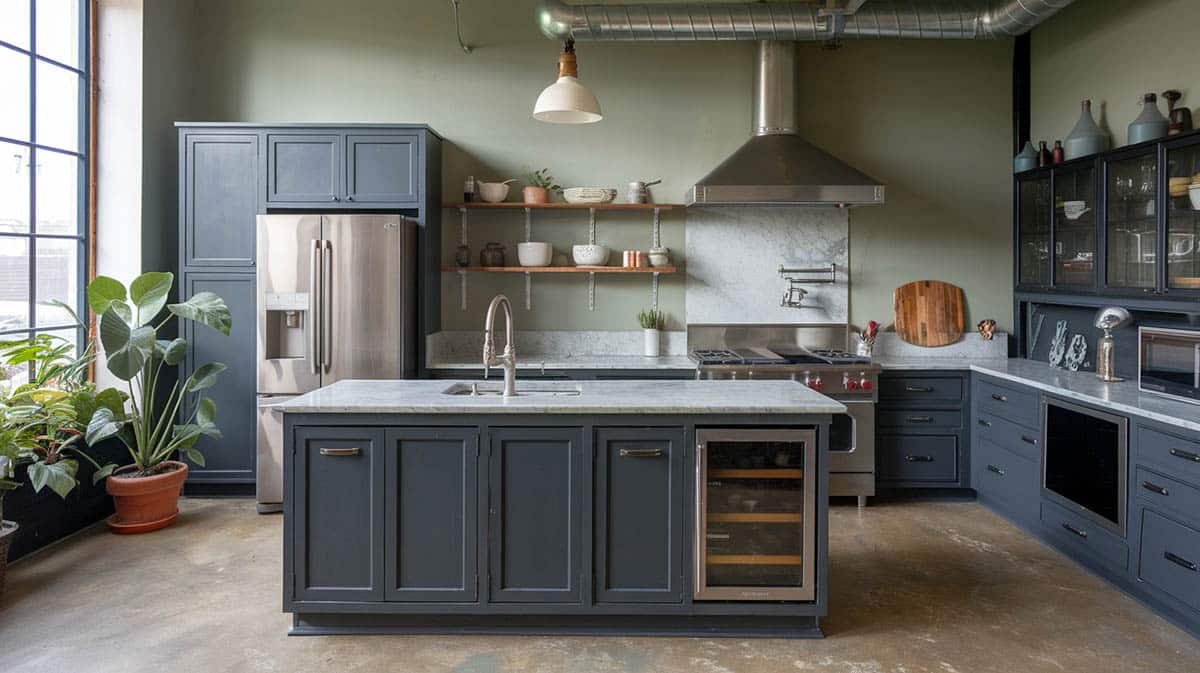 Industrial kitchen with dark charcoal cabinets and sage walls