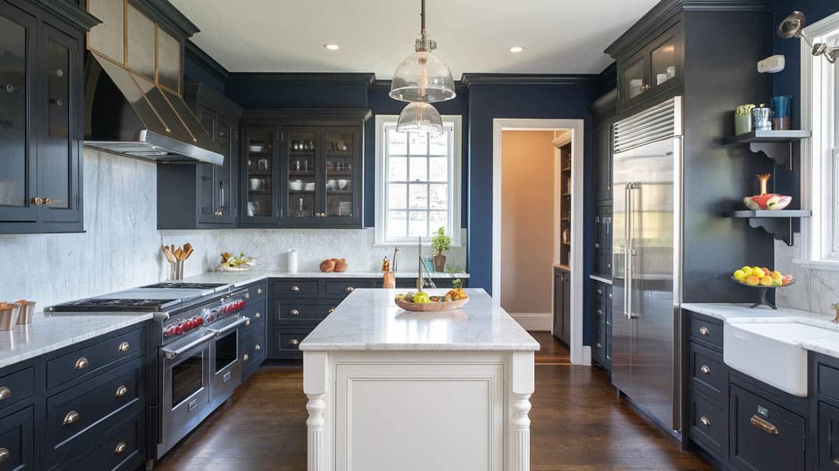 Kitchen with navy walls, white island and charcoal for the cabinets