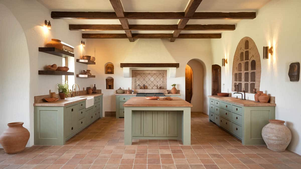 Mediterranean inspired kitchen with cabinets in sage with terracotta tile floors and toned backsplash