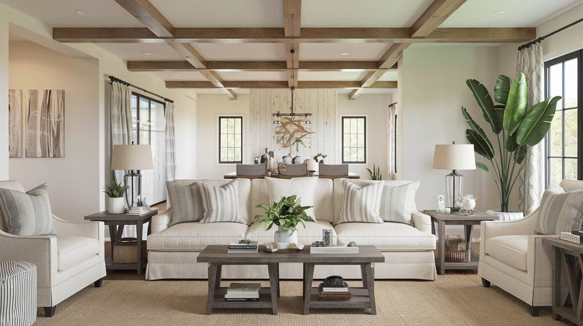 Modern farmhouse great room with decorated tables on both sides of sofa