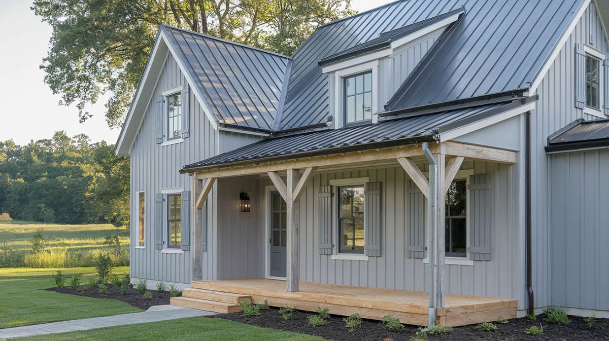 Farmhouse with gray exterior and dark slate colored roof