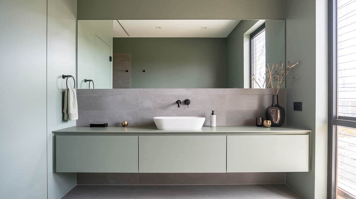 Modern minimalist bathroom with large format cool gray porcelain tile and green paint on walls