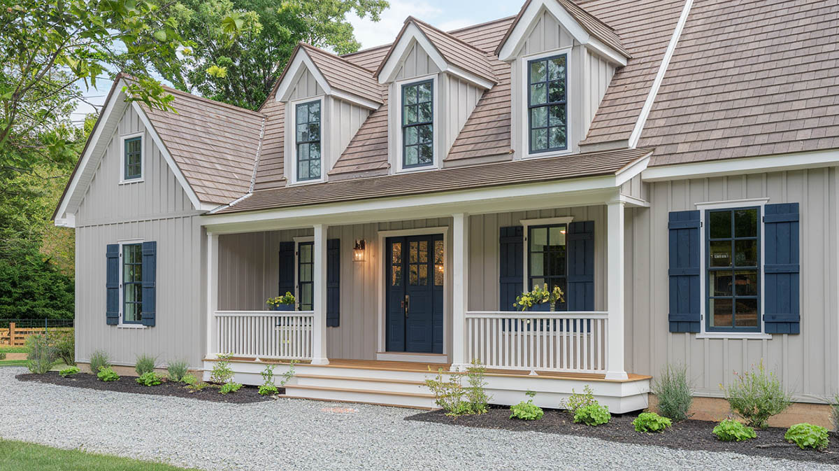 Modern style farmhouse with warm greige siding painted with revere pewter