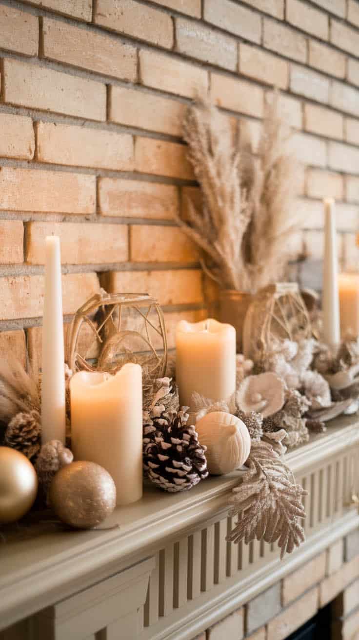 A neutral winter palette featuring a vase with pampas grass and candles on a mantel.