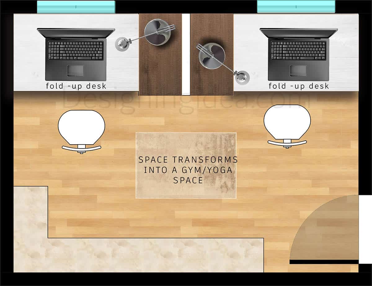 Office with dual folding murphy desk design