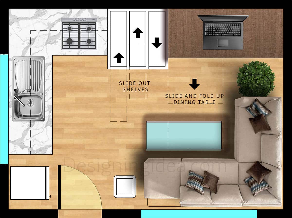 Office with dual purpose furniture floor plan