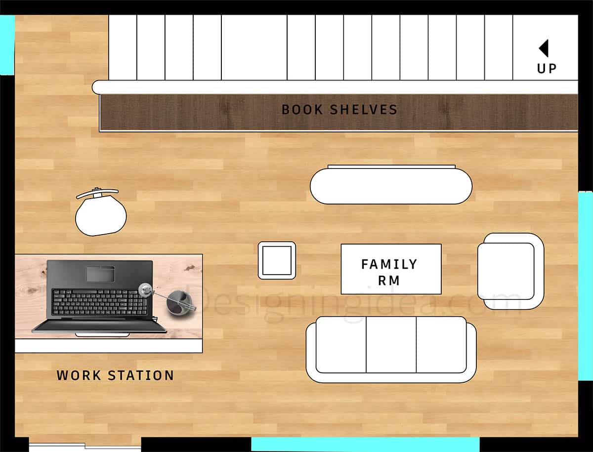 Open living room with floating furniture for work desk