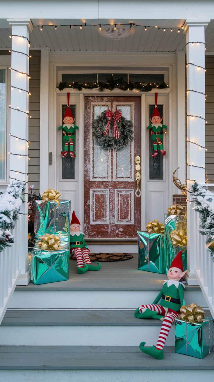 Porch with christmas elf theme with shiny presents fairy lights snow flocking