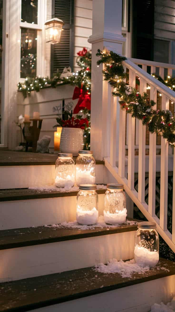 Porch with steps and mason jars filled with flocking and snow