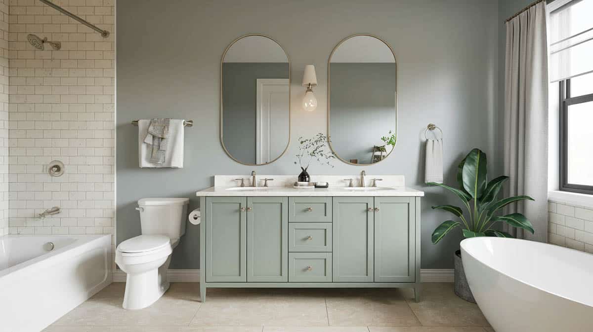 Relaxing bathroom with gray painted walls and sage color vanity