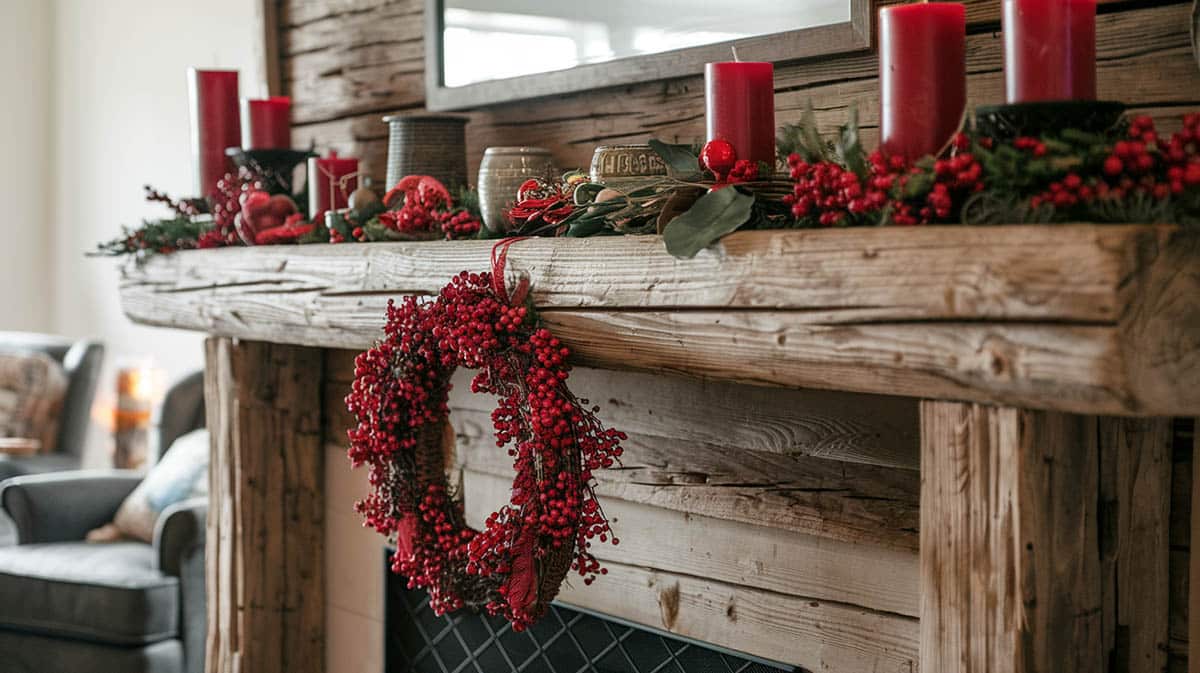 Rustic wood fireplace with all red festive decor candles and wreath