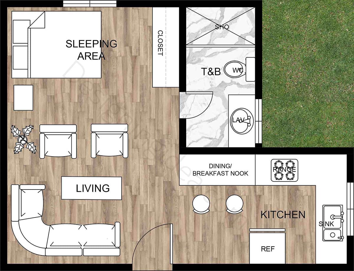 Studio design with l-shaped layout