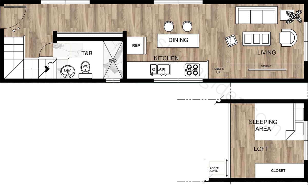 Studio with lofted bed layout