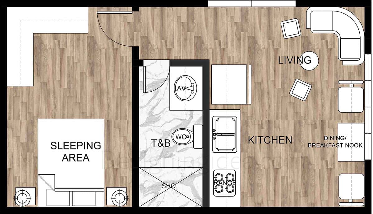 Studio design with vertical storage layout