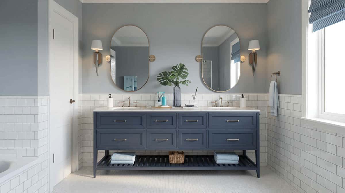 Stylish bathroom with light gray color walls and navy blue double vanity 