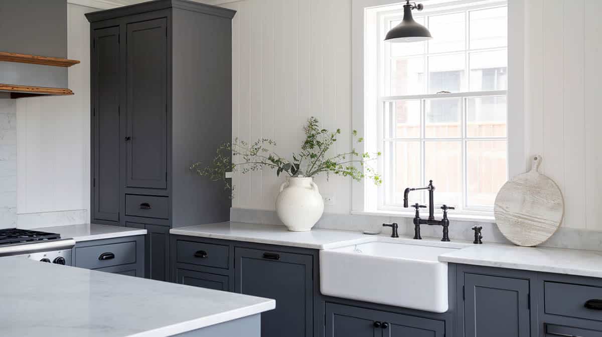 Stylish kitchen with charcoal gray cabinets and walls painted with bright white paint