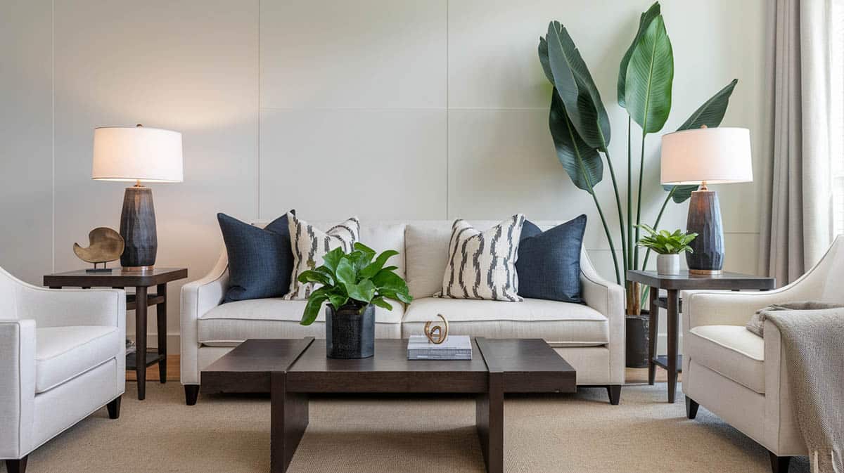 Stylish room with matching tables and lamps next to a plush sofa