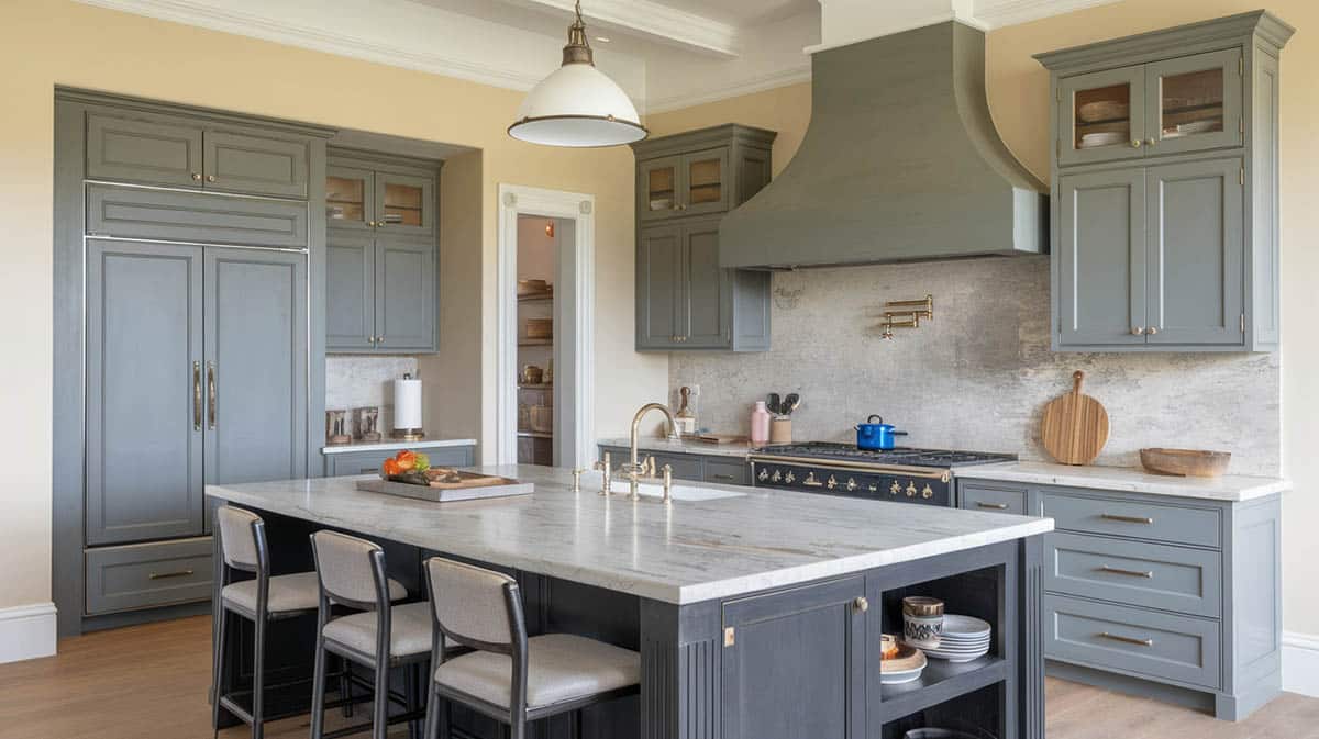 Transitional kitchen with charcoal tone for the cabinets and walls in soft cream 