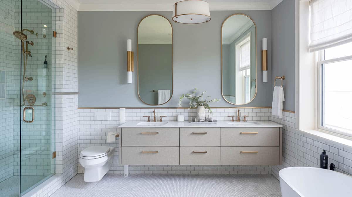 Warm bathroom painted gray on walls brushed gold faucets and shower fixtures