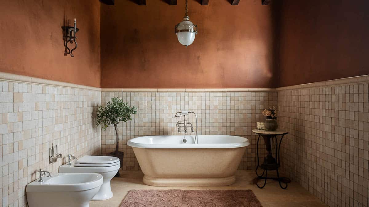 Warm Mediterranean bathroom with creamy beige natural stone tile and soft terracotta wall