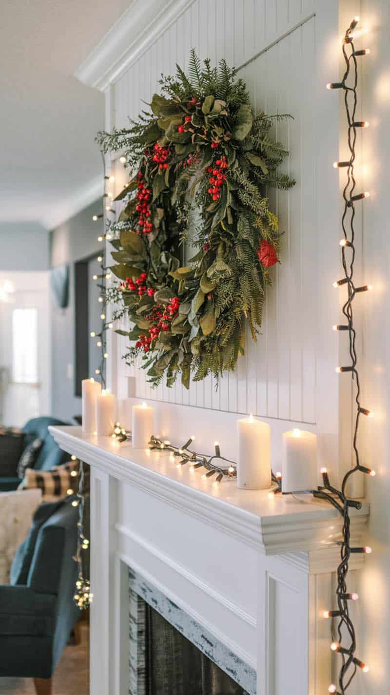 White mantel with winter themed wreath hanging lights electric candles